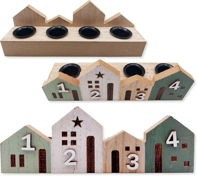 Visita la tienda de Logbuch-Verlag Portavelas de adviento Madera Decorativa Navidad: decoración navideña Moderna con 4 Casas numeradas 1 a 4, Soporte para Velas Finas, Adorno Interior Natural Verde y Blanco Estilo nórdico, 19 cm — Adviento y mesa