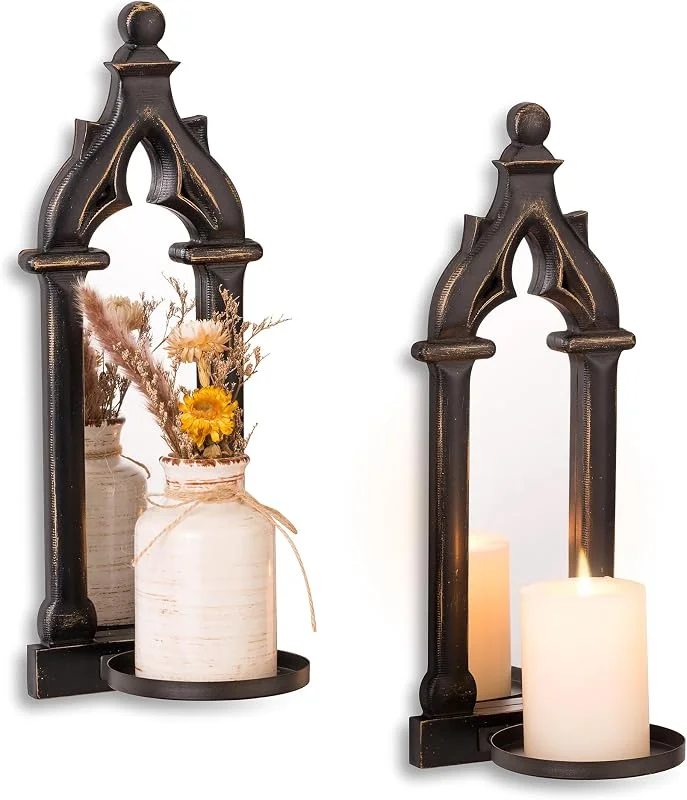 Walasis Candelabros de Pared de Espejo Negros Vintage, Pack de 2 — Cena a la luz de velas