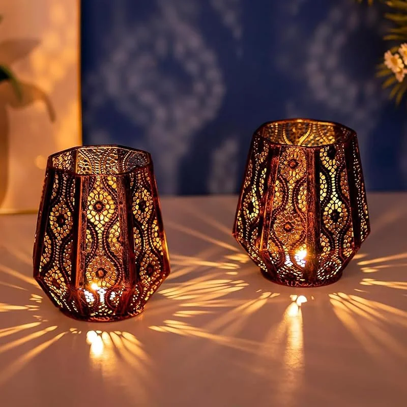Romadedi Portavelas oriental de bronce, juego de 2 portavelas de metal — Cena a la luz de velas
