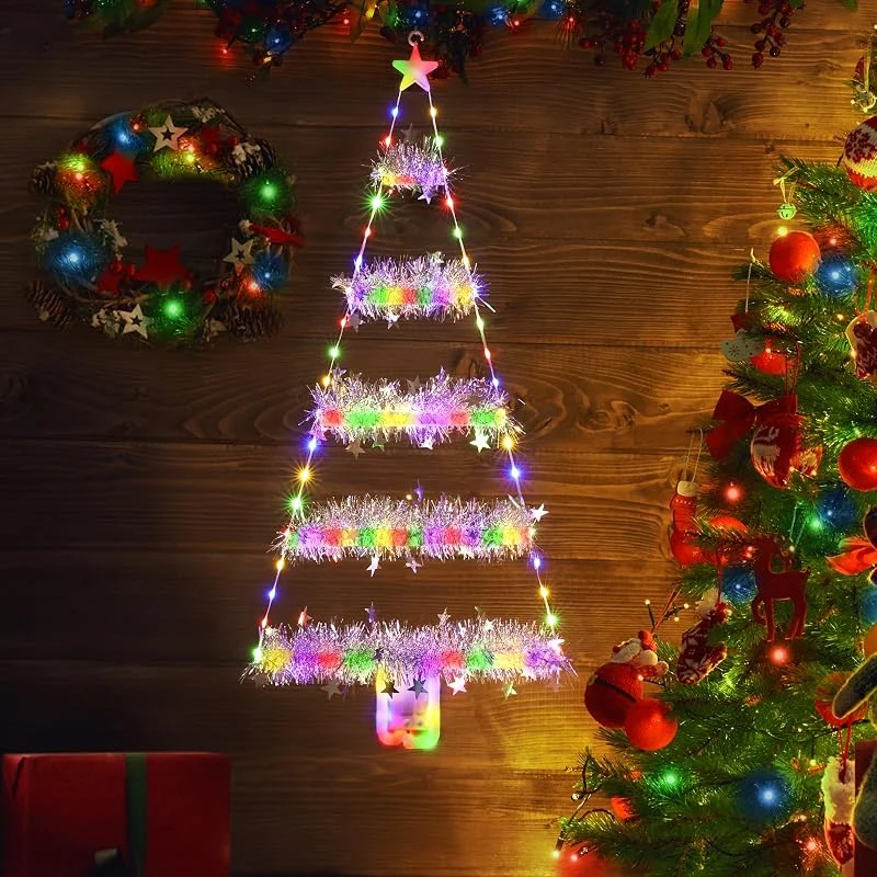 Visita la tienda de Geemoo Geemoo Árbol de Navidad LED 81 cm, Luces Exterior con Batería y Temporizador, 8 Modos, Guirnalda de Oropel, Decoración para Ventanas, Puerta, Regalo, Interior (Colores) — Luces Navidad