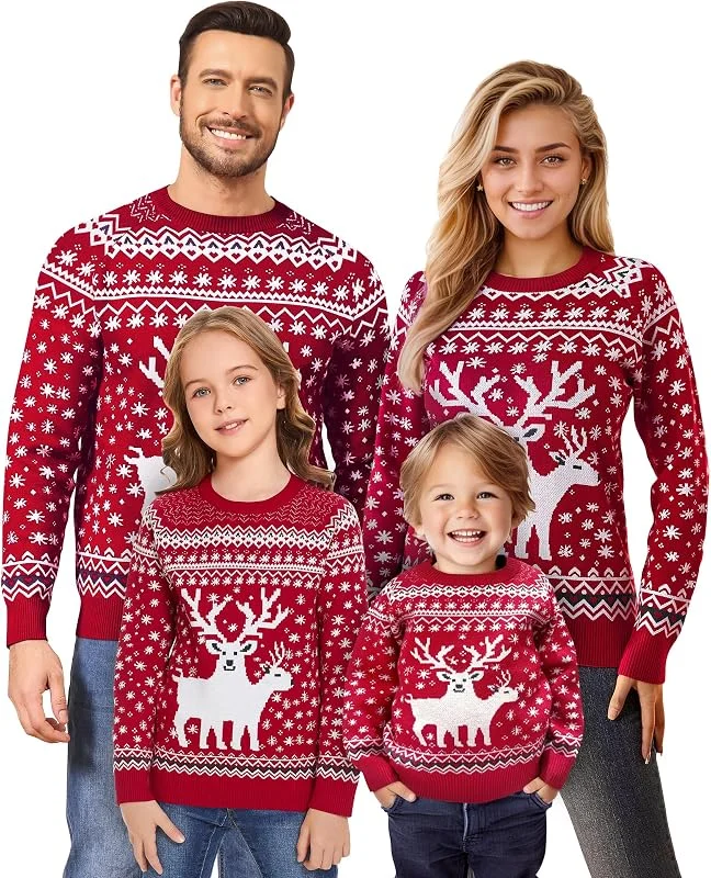 Namatime Jersey navideño Divertido para Mujer, Hombre, niños, suéter de Navidad, Cuello Redondo, suéter de Punto con Reno Puro, Unisex, Conjunto de Navidad, para Hombre Rojo., XXL — Ropa Navidad
