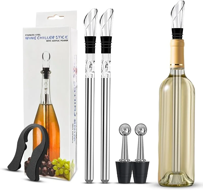 Tapsin Beyond Enfriador de Botellas de Vino Acero Inoxidable con Vertedor Varilla Enfriadora Vertedor + Decantador + Tapón Accesorios para Vino — Vino y mesa festiva