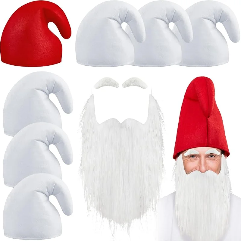 Jadive Sombreros de Enanito con Barba y Cejas Sombreros de Gnomi Puntiagudo Accesorios para Disfraces Grupales para Carnaval Halloween Navidad — Ropa Navidad