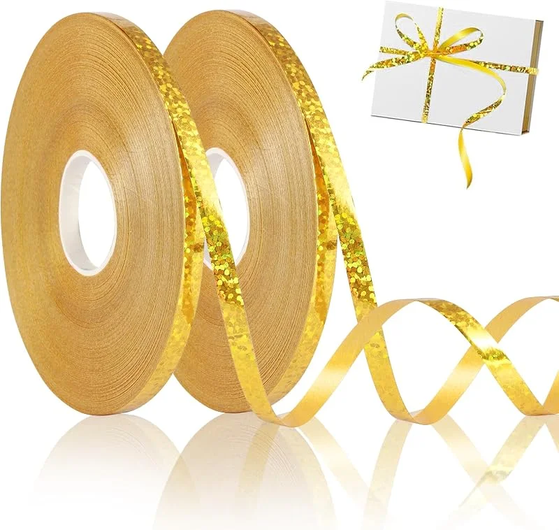 Annickee 2 Rollos Cinta Oro, 50 Metro Rollo Cinta Navidad, 5mm Dorada Brillante, para Globos, Para decoración de pasteles, proyectos de costura de bricolaje, globos de fiesta y lazos (Dorado) — Envoltorio regalo