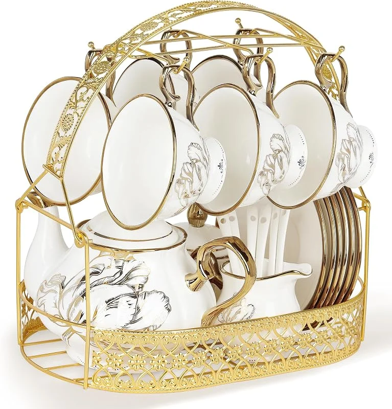 Visita la tienda de fanquare fanquare 21 Piezas de Té Vintage Británico de Porcelana, Juego de Té Floral con Borde Dorado, Taza de Café y Platillo con Soporte para Cucharas para Mujeres de Boda' — Adviento y mesa