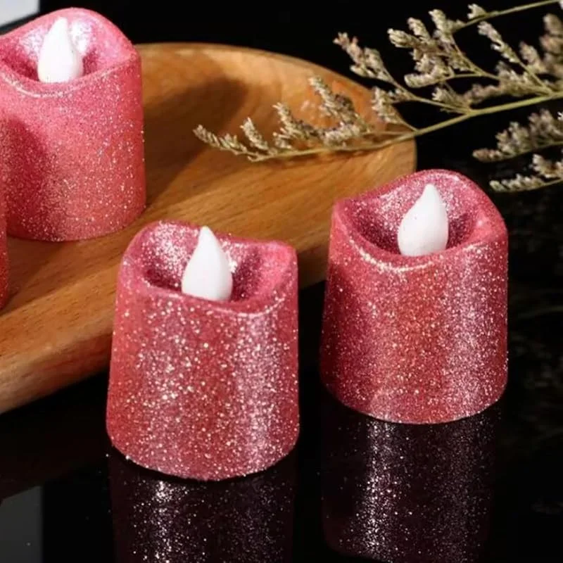 YiYFiT Velas votivas LED rosas con purpurina, funciona con pilas, velas falsas, velas de té sin llama, regalos para fiestas en casa, bodas, Halloween, decoración navideña (6 unidades) — Cena a la luz de velas