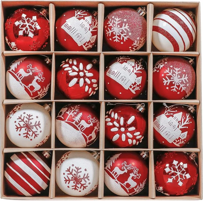 Visita la tienda de Valery Madelyn Valery Madelyn Bolas de Navidad, 16 unidades, 6 cm, plástico, bolas de Navidad, decoración navideña con colgador, decoración de árbol de Navidad, tema tradicional, rojo y blanco (M) — Decoracion Navidad
