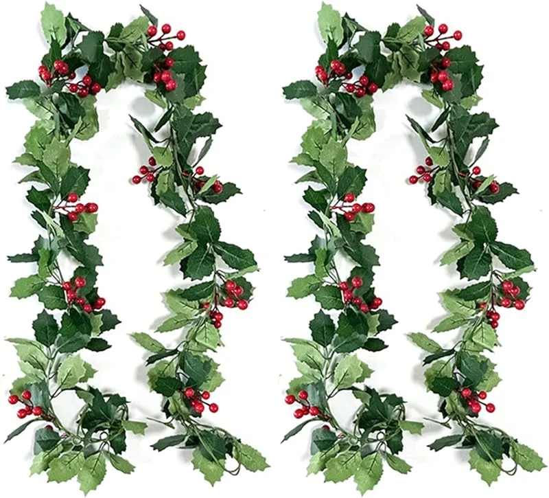 TYXHXTF 2PCS Guirnalda Navidad, Guirnalda de Navidad Artificial Bayas Rojas y Hojas, Acebo Artificial Guirnalda, Guirnalda NavideñA para Escaleras, Puerta, Chimenea, Decoración de Interior, Exterior — Decoracion Navidad