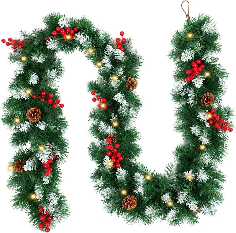 EXLECO Guirnalda Navidad con Luces 2, 7 m, Christmas Garland Cedro Escarchad — Decoracion Navidad