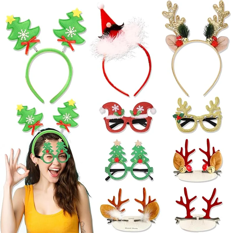 KARIDER Set de 9 Piezas con Diademas Navideñas, Diademas de Navidad y Accesorios para Fiestas, Gafas de Navidad y Cuernos de Reno para Disfraces y Fotos en Fiestas y Eventos — Ropa Navidad
