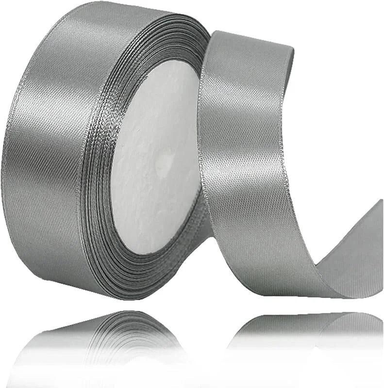 ALOHOVME Cinta de satén Gris 25 mm x 23 metros, Cinta de Raso Satén Gris Para el embalaje de regalos, Globos, Artesanías de bricolaje, Decoración de pastel, Ramos, fiestas nupciales y Navidad — Envoltorio regalo