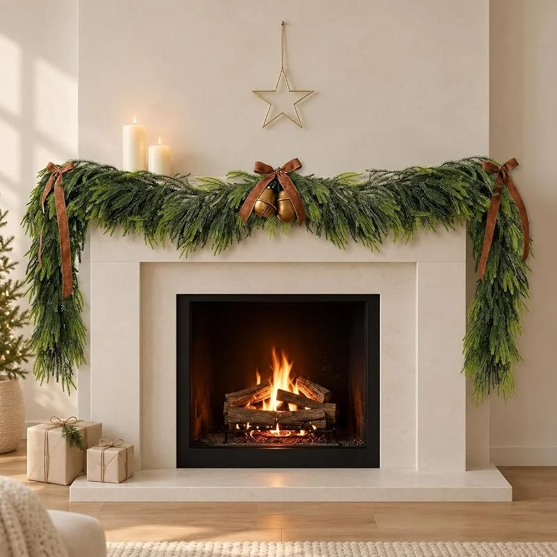 Tarqite Guirnalda de Navidad de pino de 9 pies, realista de cedro, verde artificial, decoración navideña para chimenea, puertas, escaleras, fiestas — Decoracion Navidad