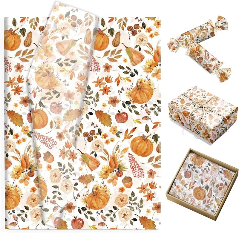 Buwexuxo 100 Unidades de Papel de Seda de otoño con diseño de Calabaza y Hoja de Arce, Papel de Regalo para Envolver Dulces y Regalos, Papel Transparente para Manualidades, Libre de ácido, 50 x 35 — Envoltorio regalo