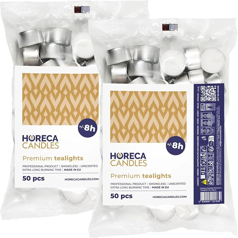 Horeca Candles - Velas de té - Premium combustión: +8 horas - Blanco - 100 unidades - Funda de aluminio - Candelitas para celebraciones, decoración, bodas, gastro, fiestas - Sin perfume — Cena a la luz de velas