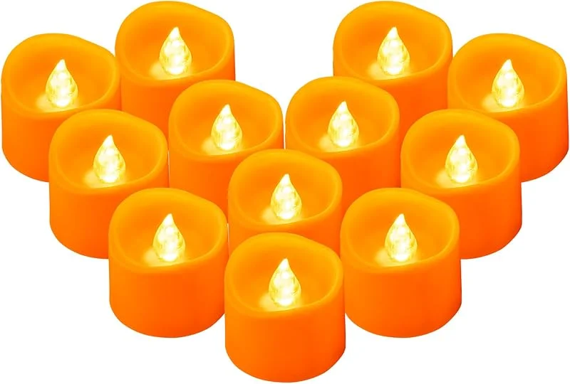 Visita la tienda de Yakpo 2 velas de té naranjas que funcionan con pilas, sin llama, parpadeantes, LED, velas votivas LED de Halloween, velas falsas eléctricas parpadeantes a granel para decoraciones de — Cena a la luz de velas