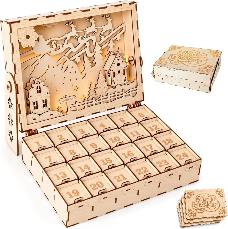 RYJJEEST 2026 DIY Calendario de Adviento Madera para Rellenar y Construir - Reutilizable con 24 Cajones para Bonos Compra, Caramelos, Otras Sorpresas, Decoración Navideña — Adviento y mesa