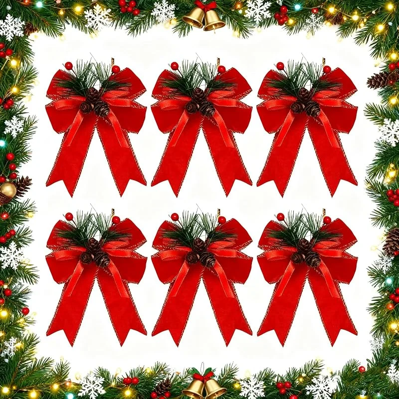 Dorclife Juego de 6 lazos de Navidad de 13 cm de arpillera con piñas de pino, lazo grande para árbol de Navidad, lazos de bayas de acebo para árbol de Navidad, guirnalda, decoración de regalo (rojo) — Envoltorio regalo
