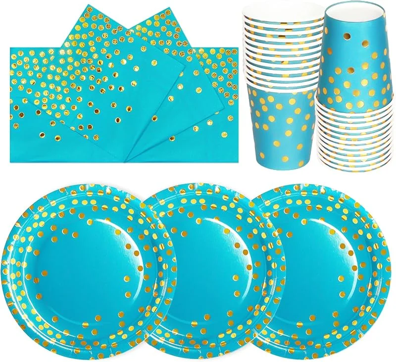 PYAILI 72 Piezas Azul Claro Oro Vajilla Fiesta Cumpleaños — Adviento y mesa