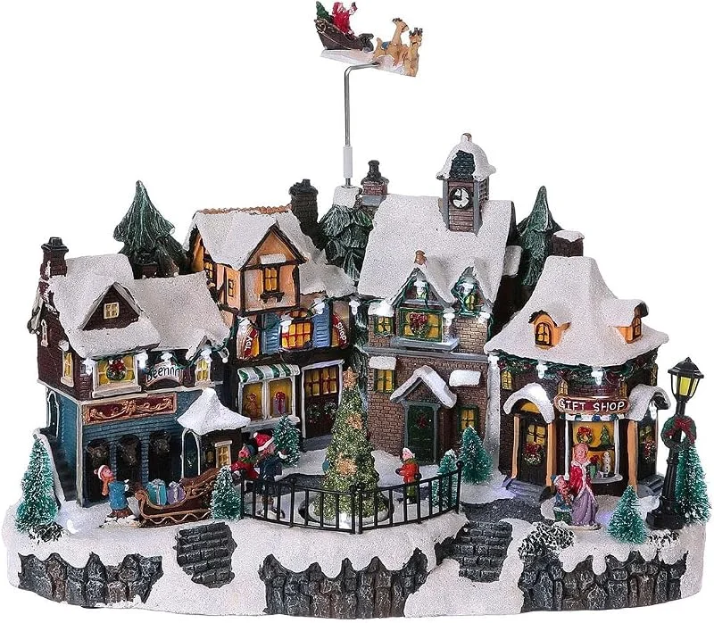 Avilia Pueblo de Navidad Animado con iluminación LED y música navideña – Ideal para Decorar de Forma única y Moderna tu casa – Fabricado con Materiales Resistentes – 31 x 38 x 22 cm — Decoracion Navidad