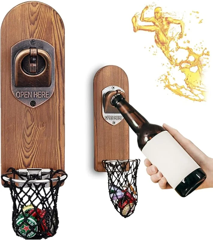 ZONSUSE Abridor Cerveza Pared con Imanes Nevera, Abridor Magnético de Madera Retro, Abrebotellas Cerveza con Colector Tapa Botella, Regalos Originales Hombre para Papá, Esposo, Amigos y Colegas (Estilo 3) — Vino y mesa festiva