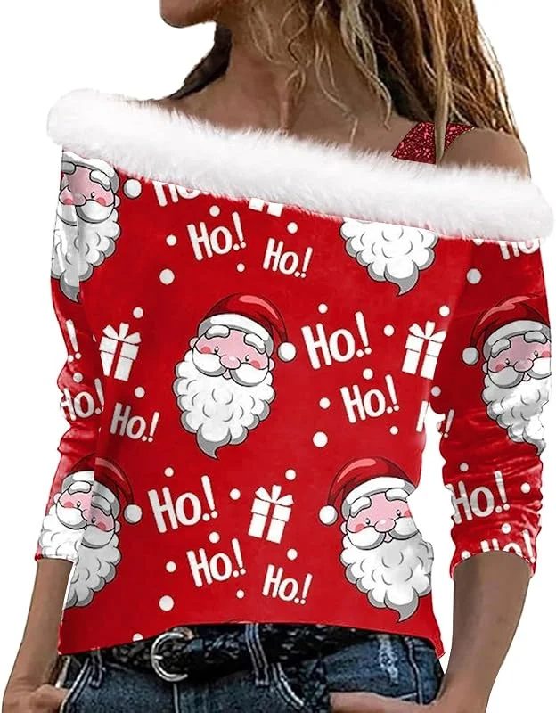 Generisch Jersey de Navidad para mujer con estampado festivo, hombros descubiertos, camiseta de tirantes de manga larga, camiseta de tirantes para ocasiones festivas, sudadera de Navidad adecuada para mujeres — Ropa Navidad