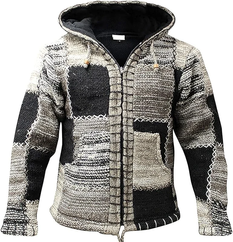 SHOPOHOLIC FASHION Hombre Gris Negro Lana Sudadera Festival Hippy Chaqueta — Ropa Navidad