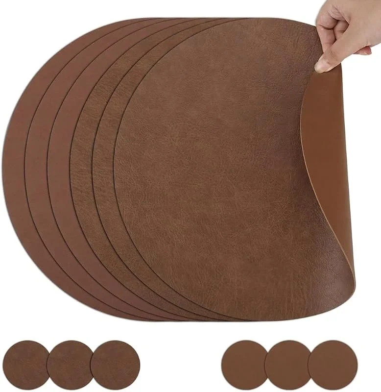 Visita la tienda de comfoyar comfoyar Juego de 6 Manteles Individuales y Posavasos Doble Cara Redondo, Salvamanteles Individuales de Cuero Lavables Impermeables para Cocinas y Comedores Decoración de Mesas(Marrón, 33cm) — Hogar y cocina