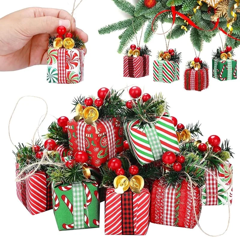DIELIANHUA 12 Piezas Mini Decoración Arbol de Navidad, Adornos Caja Regalo con Forma de Caja, Fáciles de Colgar Adornos Navidad Pequeños, Colgantes Arbol Navidad, para Fiestas de Navidad — Envoltorio regalo