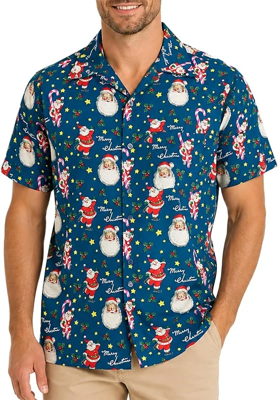 Visita la tienda de King Kameha King Kameha Funky-Camisa-Hawaiana Navidad Hombre Manga-Corta Elegante X-Mas Santa-Claus Muñeco-De-Nieve Unisexo — Ropa Navidad