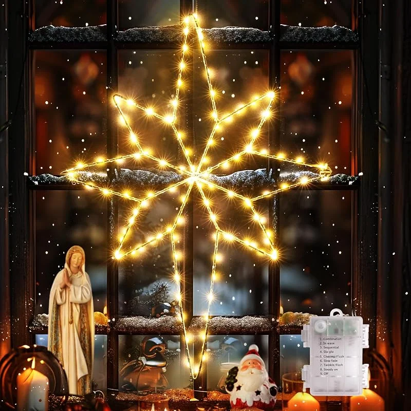 Visita la tienda de Quntis Quntis Cortina de Luces Estrellas a Pilas, 58cm 118 LED Con 8 Modos y Temporizador, IP44 Impermeables Para Navidad Ventana Interior Exterior Blanco Cálido — Decoracion Navidad