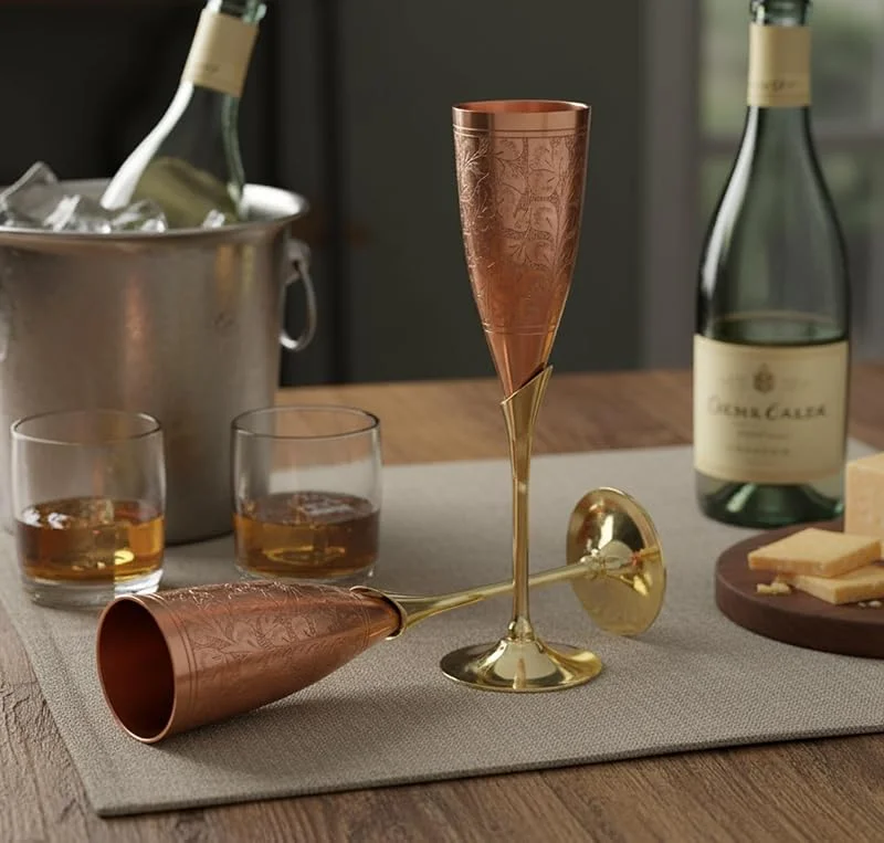 StonKraft Juego de Dos de Copas de champán, Copas de champán, Copa de Vino, latón, Chapado en Cobre Grabado - Ideal para Moscú Mule también (Cobre Delgado) — Vino y mesa festiva