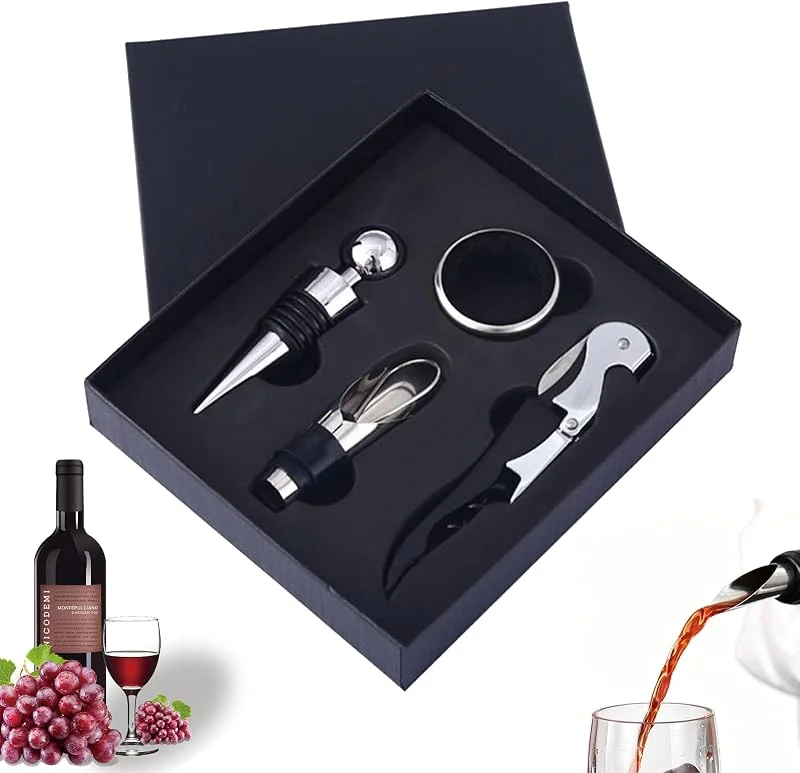 CTForest 4 Piezas Abridor de Vino Set, Set sumiller con Abrebotellas, Juego Accesorios para Abridor Vino Manual, Adecuado para la Apertura Manual de Vino Tinto y Cerveza — Vino y mesa festiva