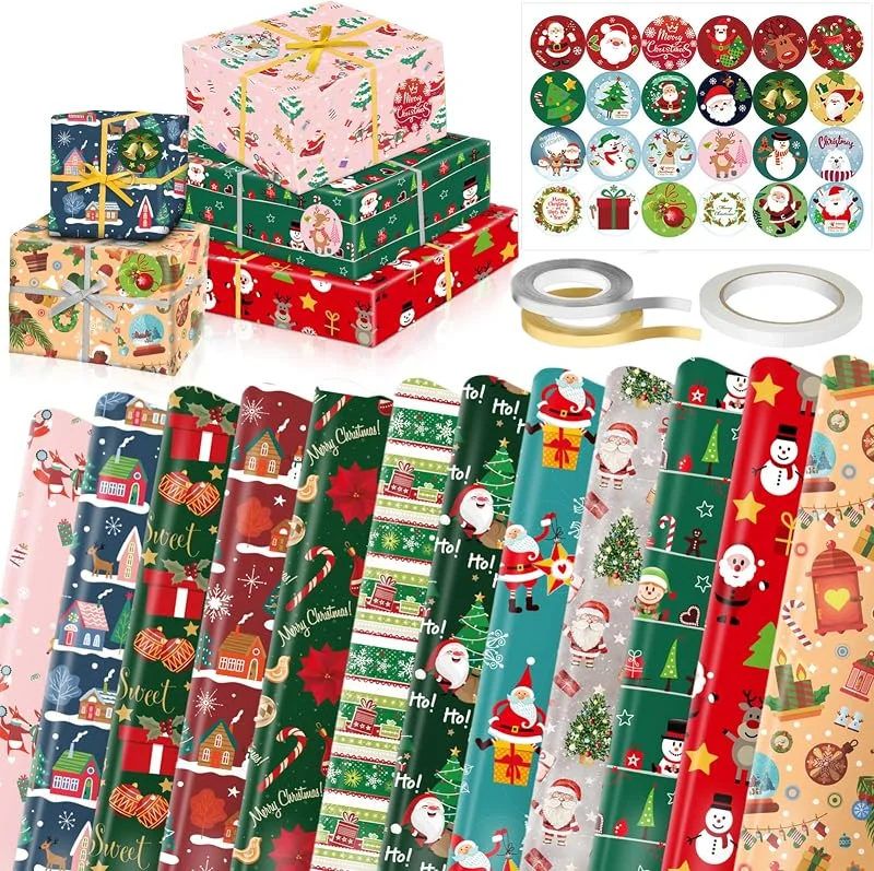 Shinybox Papel Regalo Navidad, 12 Hojas Papel Regalo Navidad Kraft con 24 Pegatinas de Navidad, Papel Regalo Navidad Infantil para Envolver Regalos, Papel Regalo Navideña para Familias, Amigos(B) — Envoltorio regalo