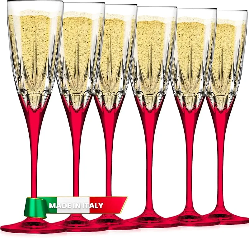 Avilia Juego de 6 copas para champán o prosecco de 17 cl con base roja – Fabricadas en Luxion resistente y duradero, ideales para aperitivos, fiestas o cenas familiares – lavables en lavavajillas — Vino y mesa festiva