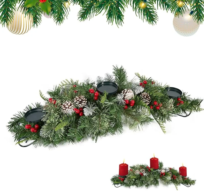 TangFee Portavelas de Navidad de 30 pulgadas con 3 bandejas de mechas de vela, centro de mesa, candelabro de corona de Navidad con conos de pino artificial y cereza roja, decoración de centro de mesa de — Cena a la luz de velas