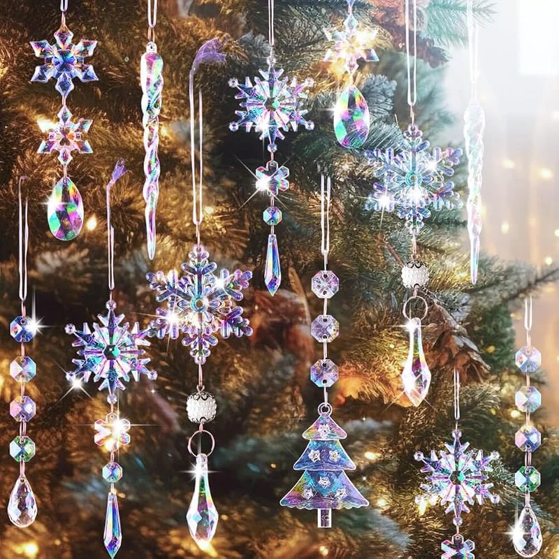Lanpn 26 Piezas Decoración Navideña Adornos del Árbol de Navidad de Cristal, Colgante Acrílico de Copo de Nieve de Carámbanos para Navidad Invierno Exterior Interior Fiesta Decoración Colorido — Decoracion Navidad
