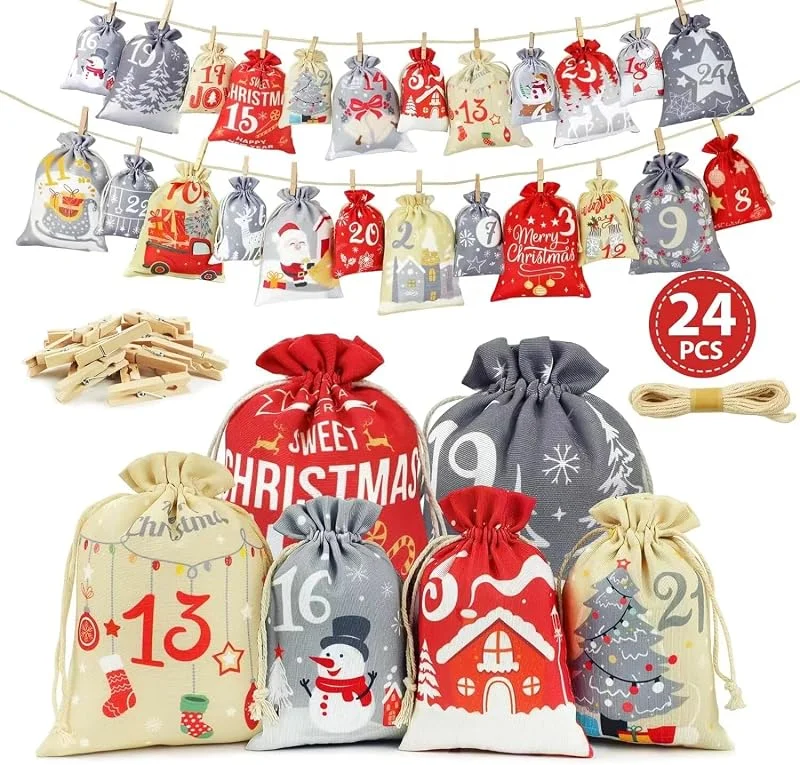 Realoutlet Calendario Adviento para Rellenar 2026 - Kit Calendario de Adviento Rellenable con 24 Bolsas de Tela Numeradas, Pinzas y Cuerda - Calendario Adviento Vacio para Niños, Mujer, Hombre — Adviento y mesa