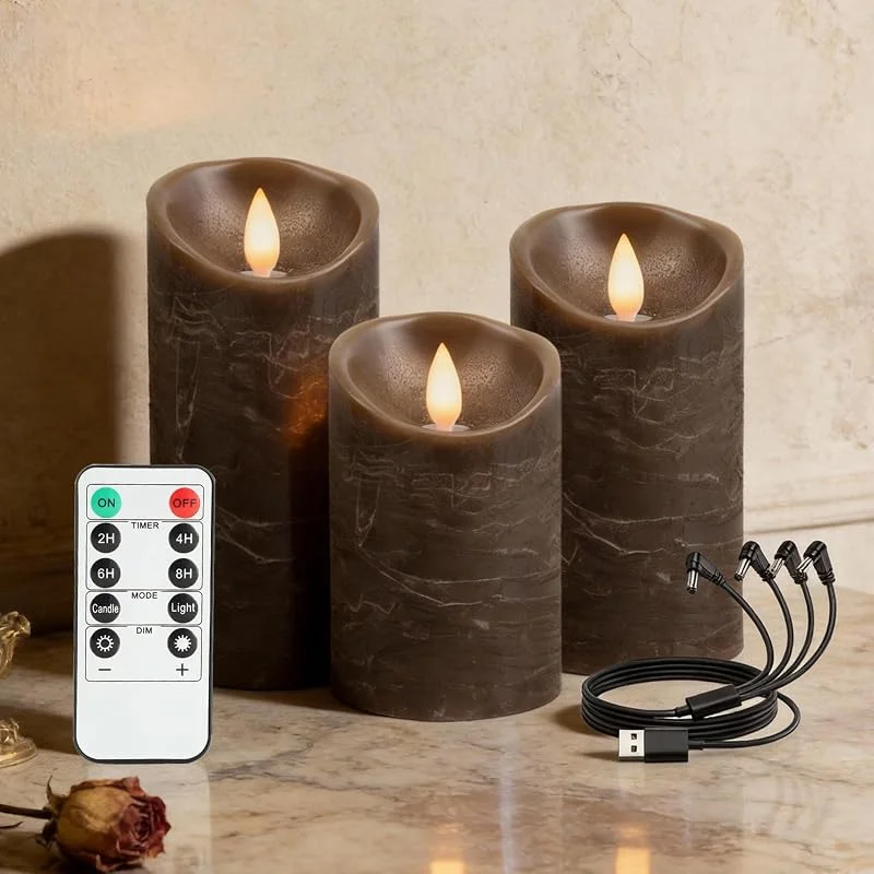 RanBluu Paquete de 3 Velas LED con mando a distancia y temporizador, vela led efecto llama Recargables USB, flameless candles electricas, para decoracion navidad hogar, camping, Marrón — Cena a la luz de velas
