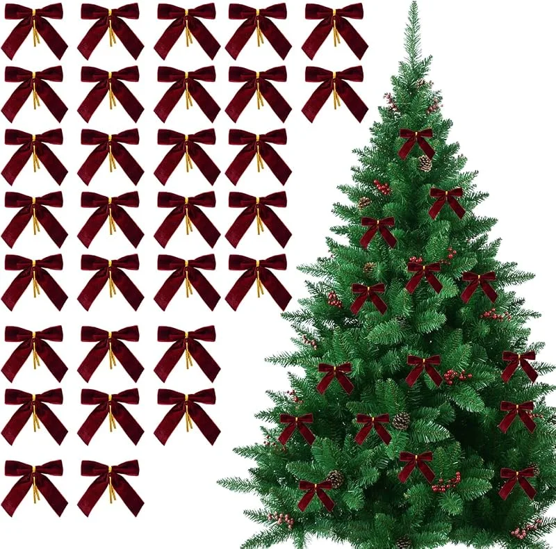BCHNR 30 Lazos de Terciopelo Borgoña para Navidad, Adornos para Árboles y Regalos — Envoltorio regalo