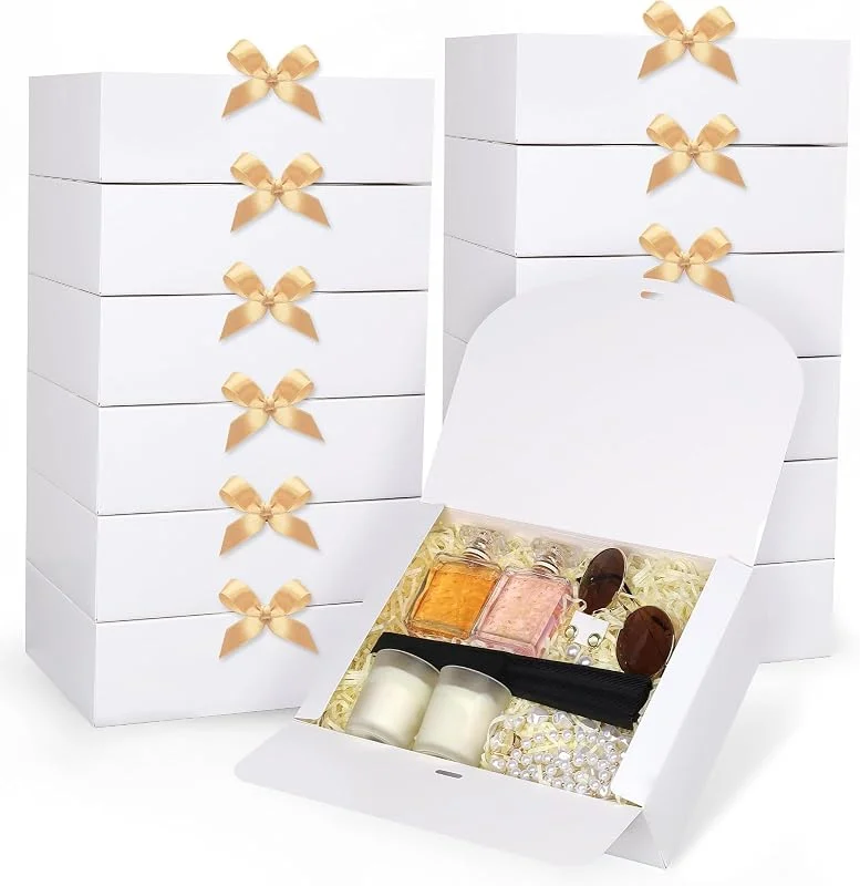 GXFCING 12 Cajas de Regalo Blanca, 27 x 20 x 8 cm Plegable Cajas de Regalo Grande con Tapa, Caja Regalo Carton con Cinta de Satén Dorada para Bodas, Cumpleaños, Navidad y Fiestas — Envoltorio regalo