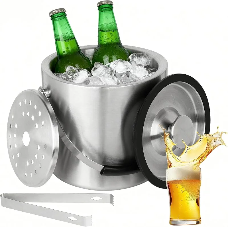 DUBUOZA 2.0 L Cubiteras Acero Inoxidable, Cubitera Hielo con Tapa, Pinzas y Rejilla de Goteo, Cubiteras para Hielo con Tapa para Fiestas, Cerveza, Cócteles, Vino Frío — Vino y mesa festiva
