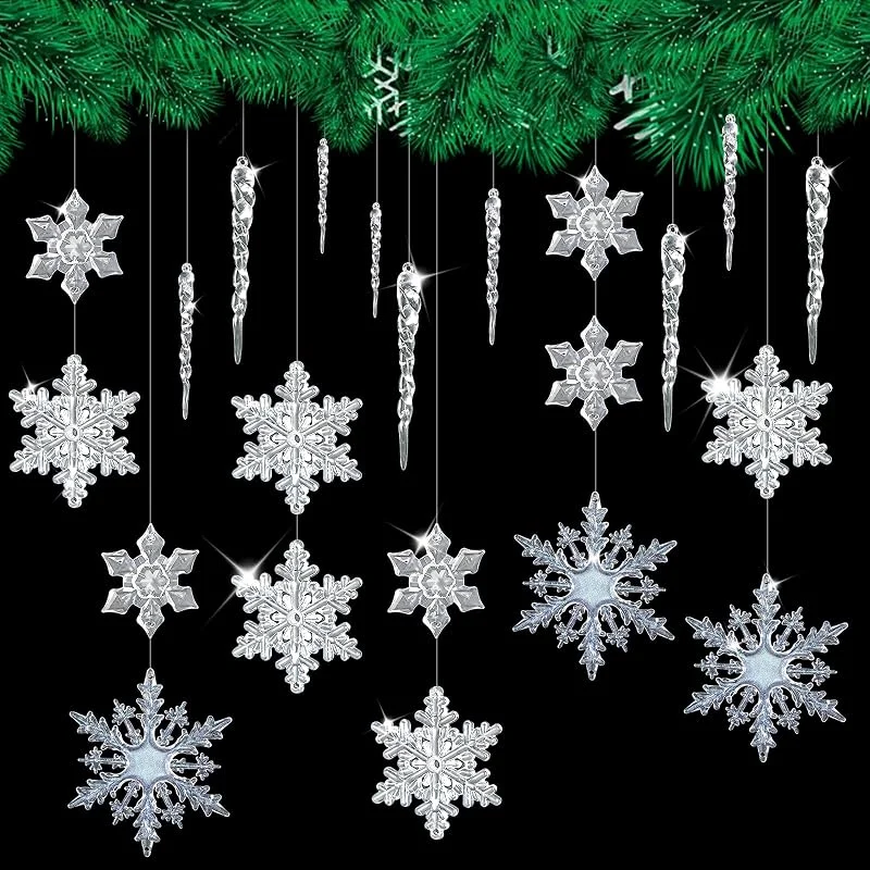 GETRICH 42 Piezas Adornos de Copos de Nieve de Cristal, 20 Piezas Copos de Nieve Decoracion Navidad con 20 Piezas Acrílico Carámbanos y 2 Rollos Hilo Elástico Transparente para Árbol de Navidad