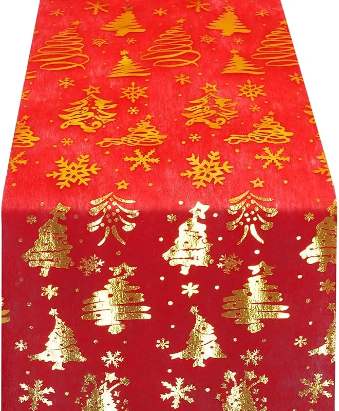 Meleager Camino de Mesa Navidad, Table Runner Christmas Rojo, 28CM*500CM Rollo Camino de Mesa con Patrón de árbol de Navidad Dorado, Decoración Navideños Camino de Mesa, para Navidad, Cena — Hogar y cocina