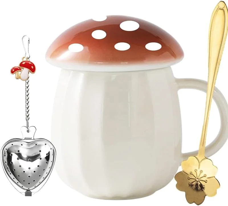 Yalucky Kawaii Linda taza de champiñones juego de taza de café con champiñones para vidrio café té taza de champiñones taza con tapa regalos para niñas mujeres cumpleaños Navidad decoración del hogar — Adviento y mesa