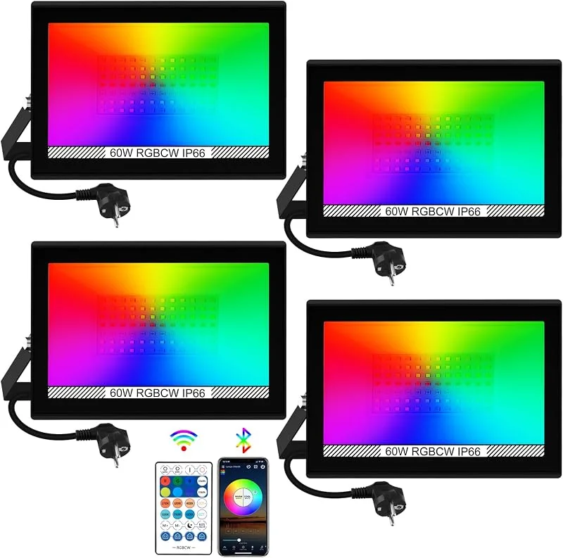 Visita la tienda de T-SUNUS Foco LED Exterior RGB, T-SUNUS 60W Luces LED Colores con Control por App Bluetooth y Mando a Distancia, IP66 Impermeable Memoria Temporización para Terraza Fiesta Halloween Navidad 4 Piezas — Luces Navidad
