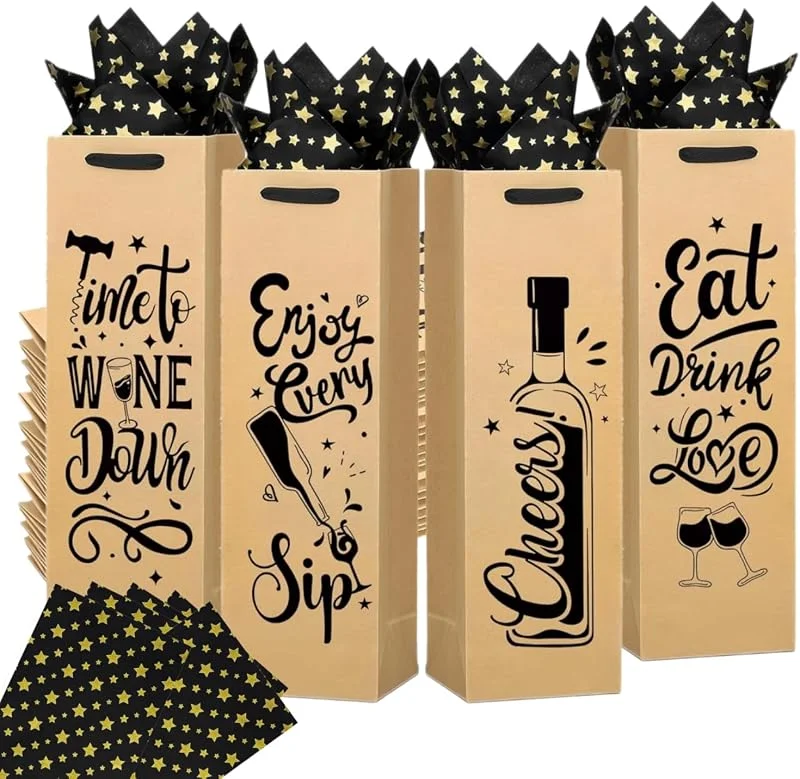 VEKLIQ 24 Bolsas Regalo Vino Reutilizables, Impresiones Exquisitas, Asas Kraft Resistente. Ideal para Vino, Champán y Otras Bebidas en Cumpleaños, Bodas y Fiestas (Color Marrón) — Envoltorio regalo