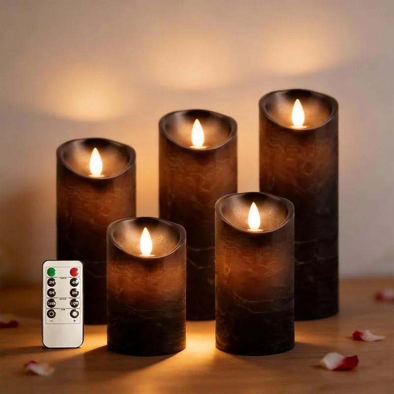 RosMank Juego de 5 velas LED con mando a distancia de 10 botones, sin llama, de cera auténtica, con llama parpadeante, decoración para Navidad, cumpleaños, bodas y fiestas, Negro — Cena a la luz de velas