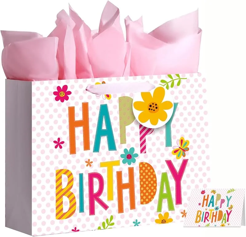 Rieoany 2 Piezas Bolsas de Regalo con Asa, Bolsa Regalo Cumpleaños con 2 Tarjetas de Felicitación y 6 Hojas de Papel de Seda para Bodas, Navidad, San Valentín — Envoltorio regalo