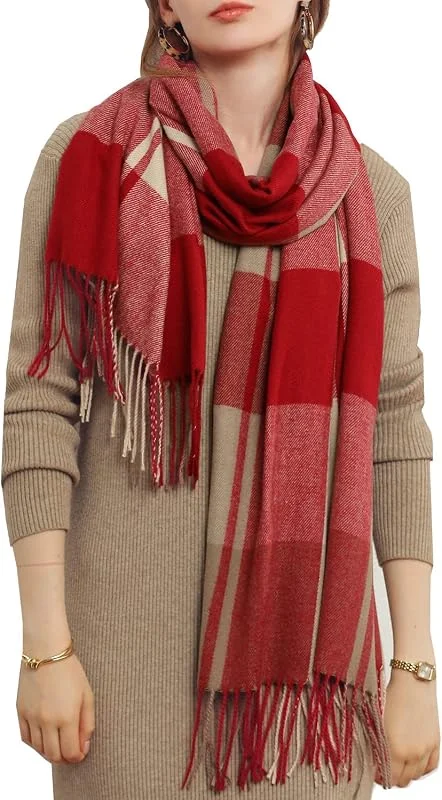 HYUET Bufandas Mujer Invierno Grande a Cuadros, Cachemira Chal Cálido Moda Largas Bufandas Mujer Invierno de Punto con Flecos para Mujeres Hombres — Ropa Navidad