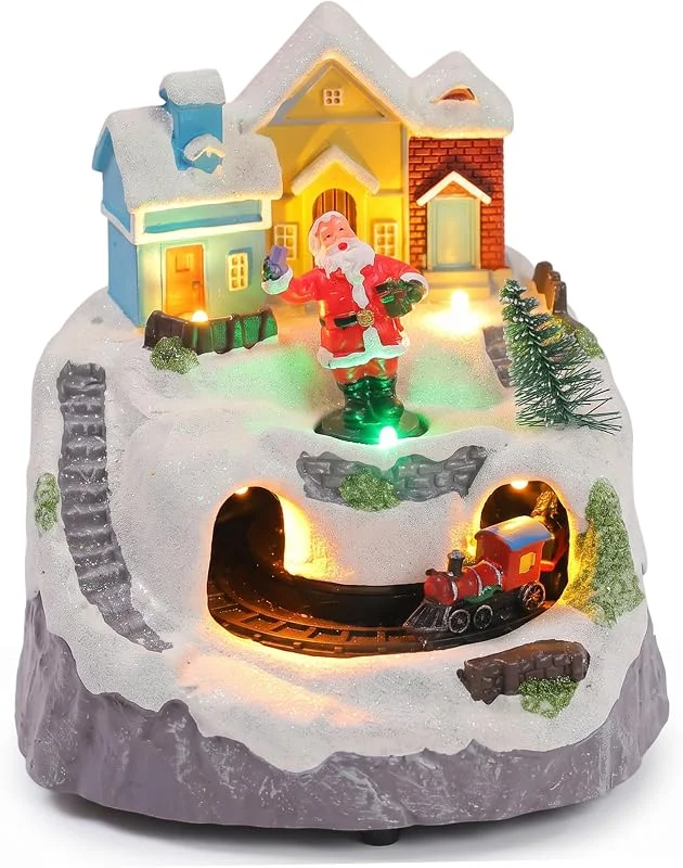 Sjfbebsy Pueblo navideño con Tren en Movimiento y música, decoración de Mesa iluminada, Papá Noel — Decoracion Navidad